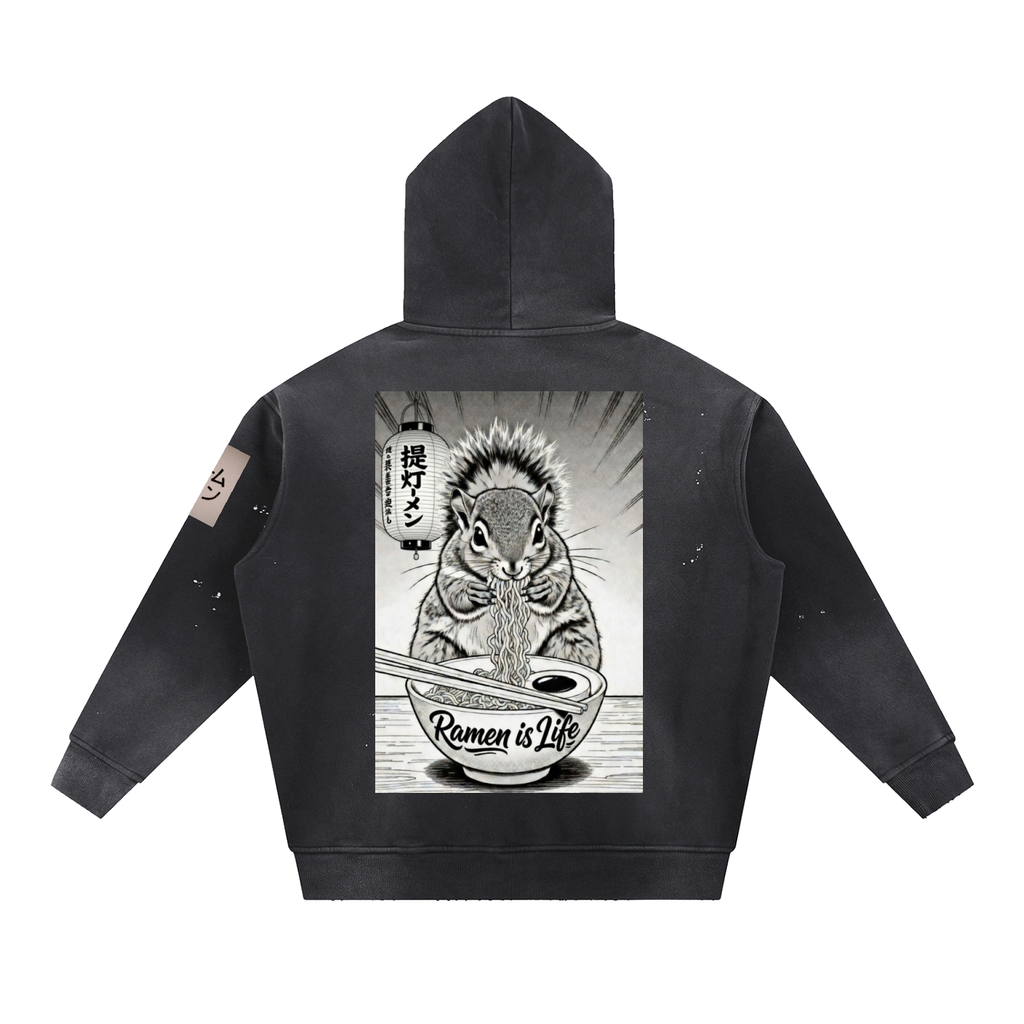 Ramen Squirrel, Vintage Washed Frayed Fleece Hoodie