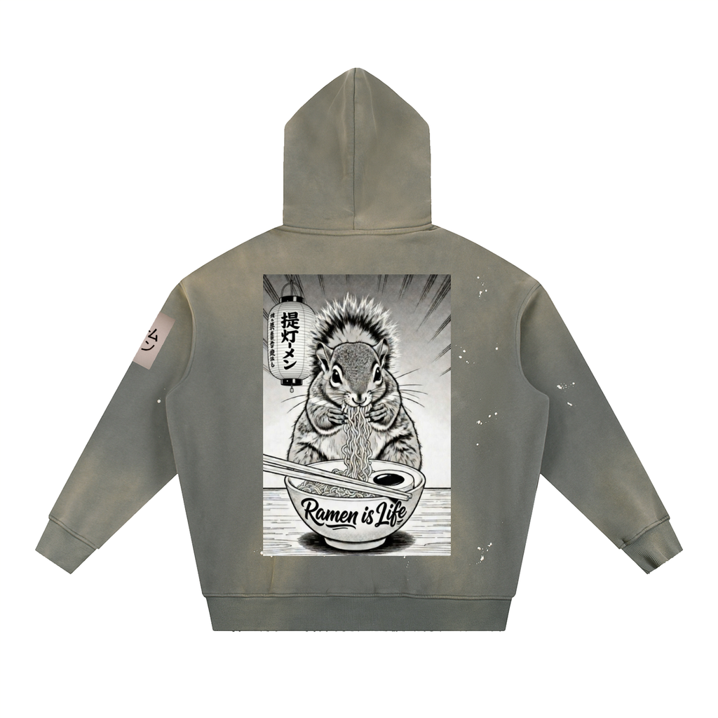 Ramen Squirrel, Vintage Washed Frayed Fleece Hoodie