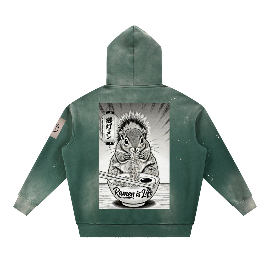 Ramen Squirrel, Vintage Washed Frayed Fleece Hoodie