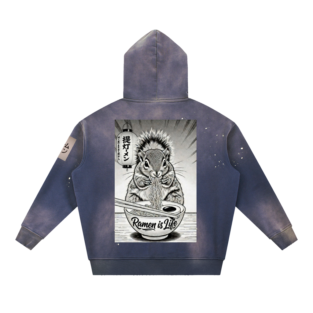 Ramen Squirrel, Vintage Washed Frayed Fleece Hoodie